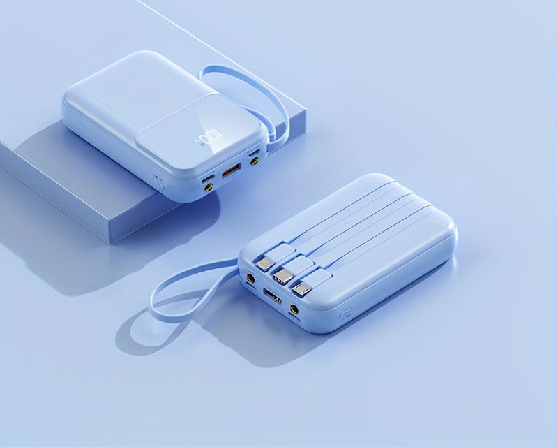 10000mAh portable power bank with LED display, fast charging, and built-in cables for convenience.