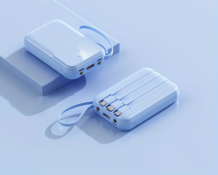 10000mAh portable power bank with LED display, fast charging, and built-in cables for convenience.