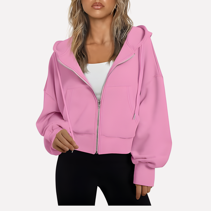 Cropped women's zip-up hoodie with a drawstring, perfect for a relaxed fit.
