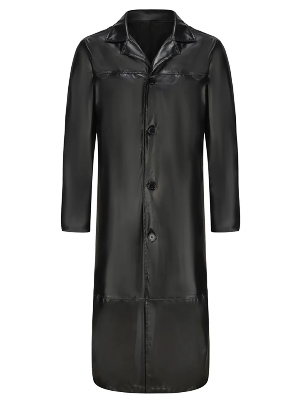 Button detail on men's long overcoat, featuring classic style and secure closure.
