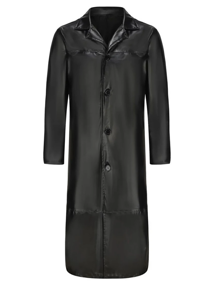 Button detail on men's long overcoat, featuring classic style and secure closure.
