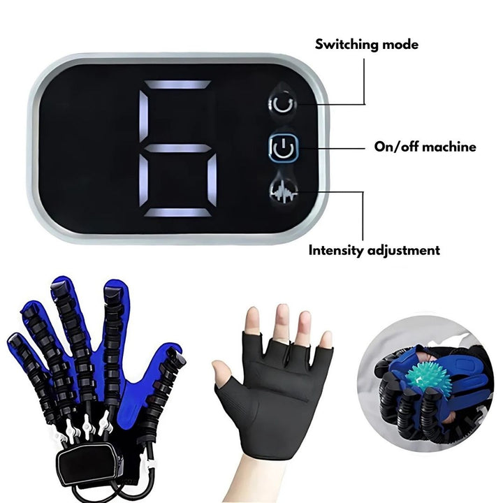 Post-stroke recovery glove, facilitating hand movement and strengthening exercises.