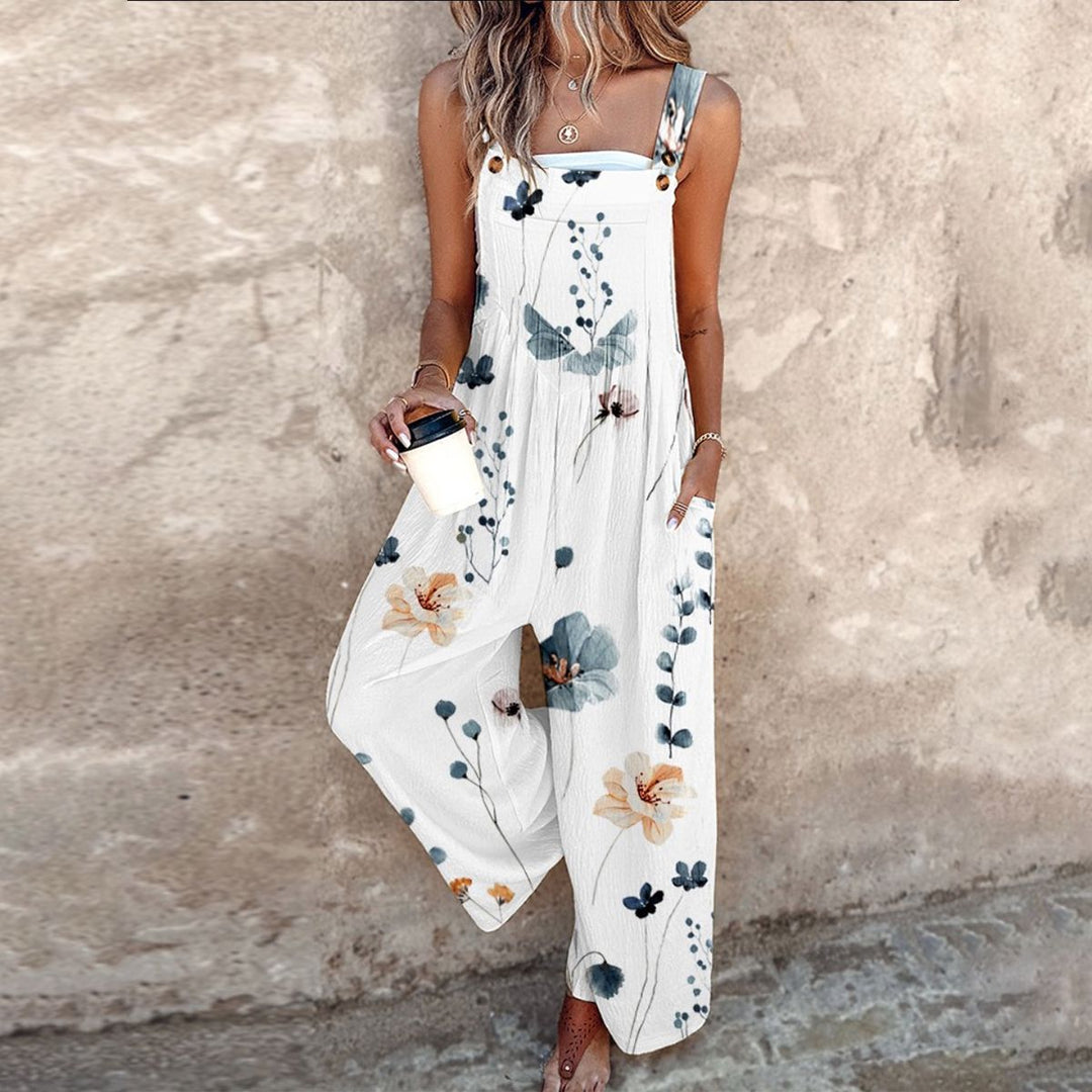 Elegant women's wide-leg jumpsuit with sleeveless floral design, perfect for casual chic summer fashion.