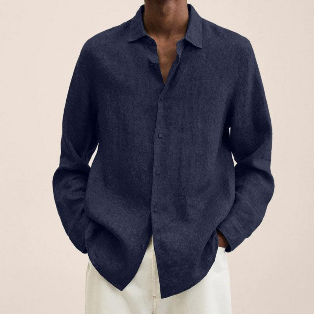 Men's versatile long-sleeve button-up shirt in classic white, perfect for casual or smart casual looks.