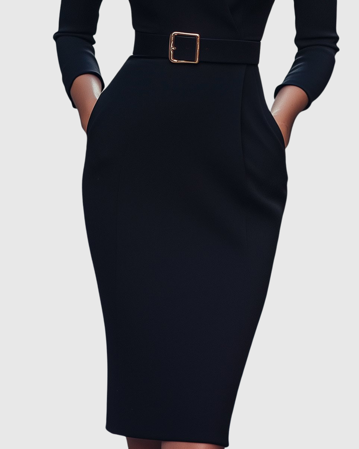 Formal women's wrap-style midi dress, ideal for cocktail parties or professional office wear.