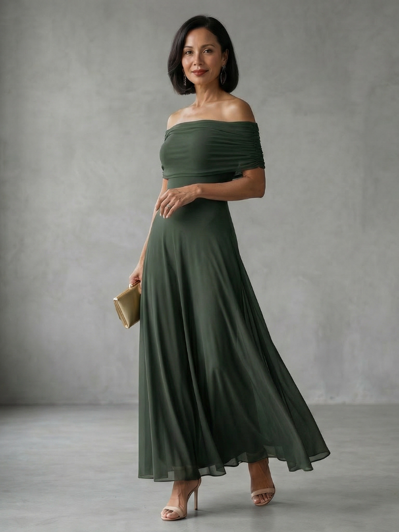 Sophisticated black draped midi dress, off-shoulder design for elegant special occasion fashion.