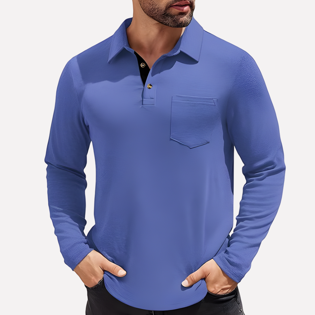 Collared long sleeve men's polo shirt, designed for casual comfort with a chest pocket.