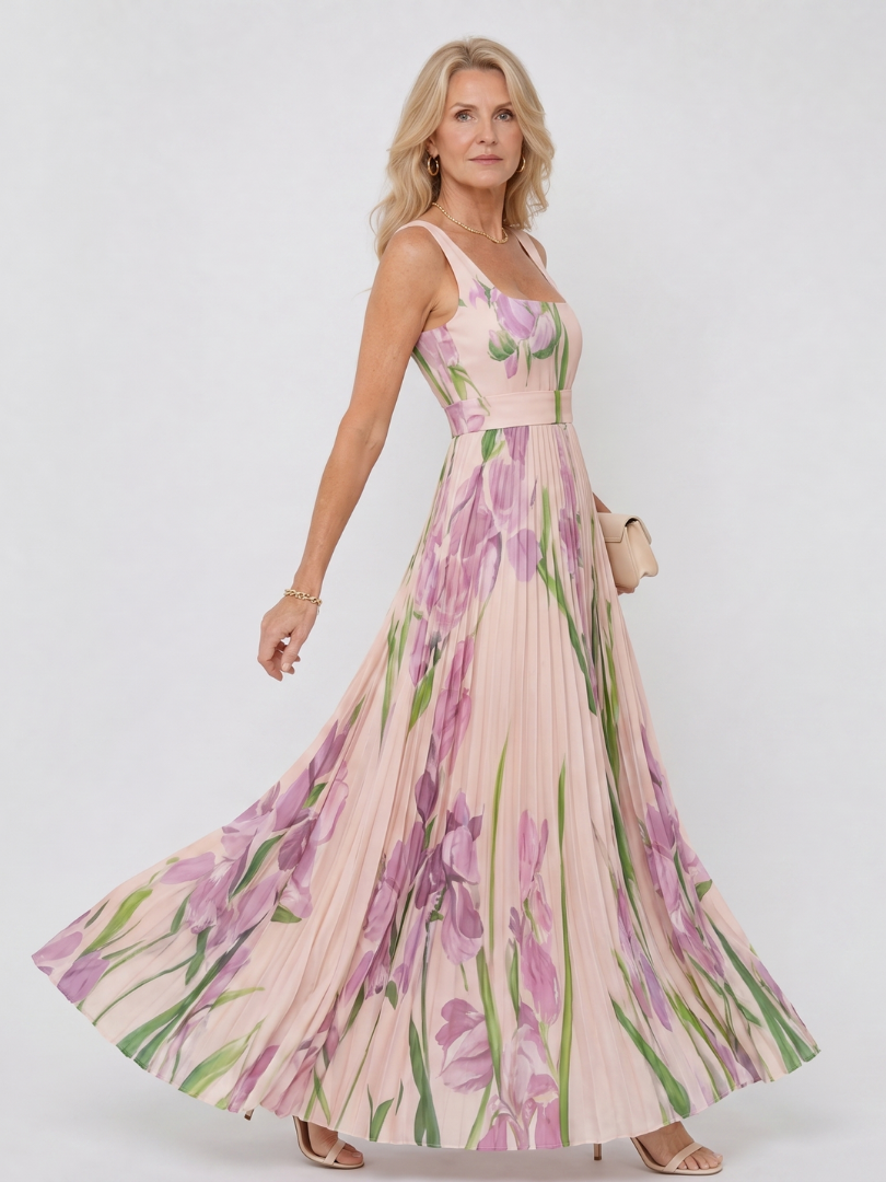 Sophisticated women's pleated sleeveless midi dress, square neck design. Versatile elegant casual wear.
