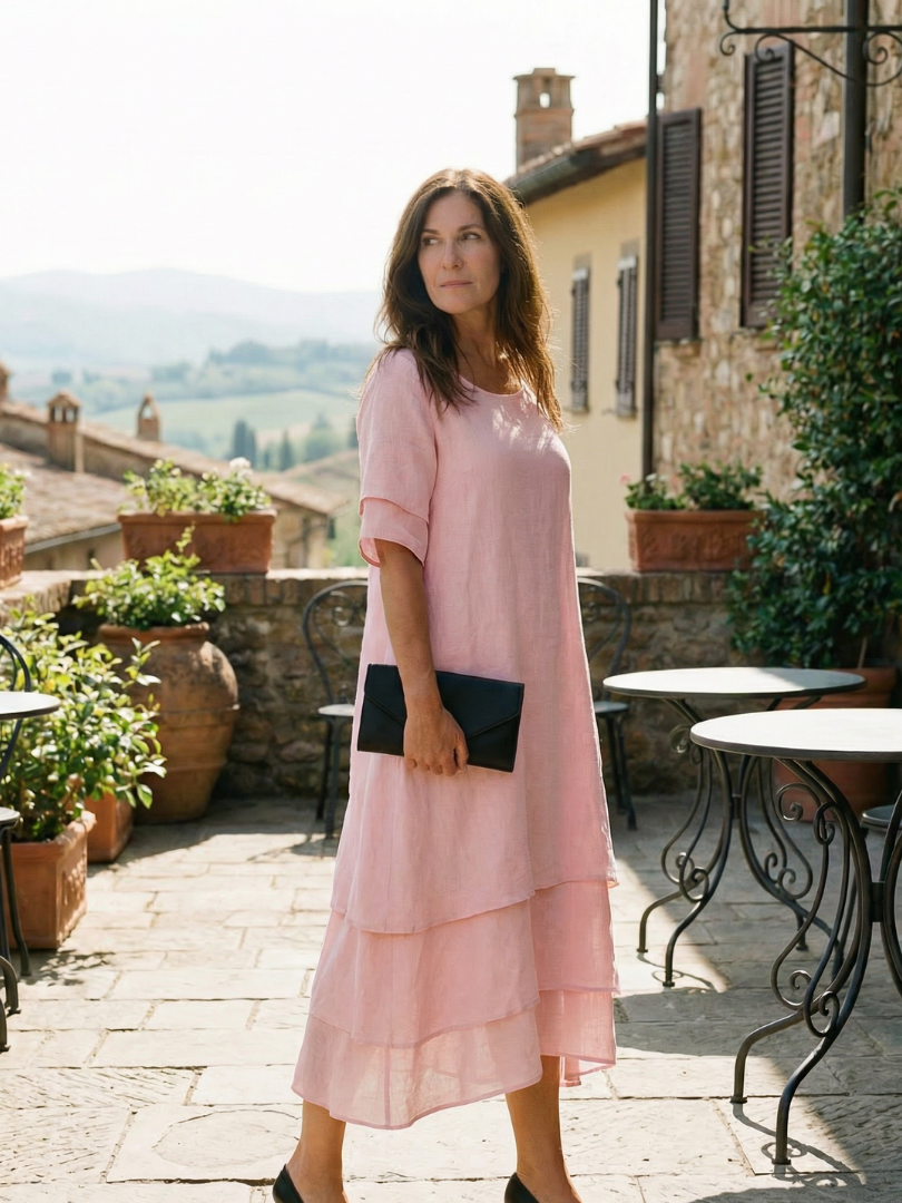 Soft fabric women's tiered midi dress, round neck & short sleeves, great for relaxed summer days.