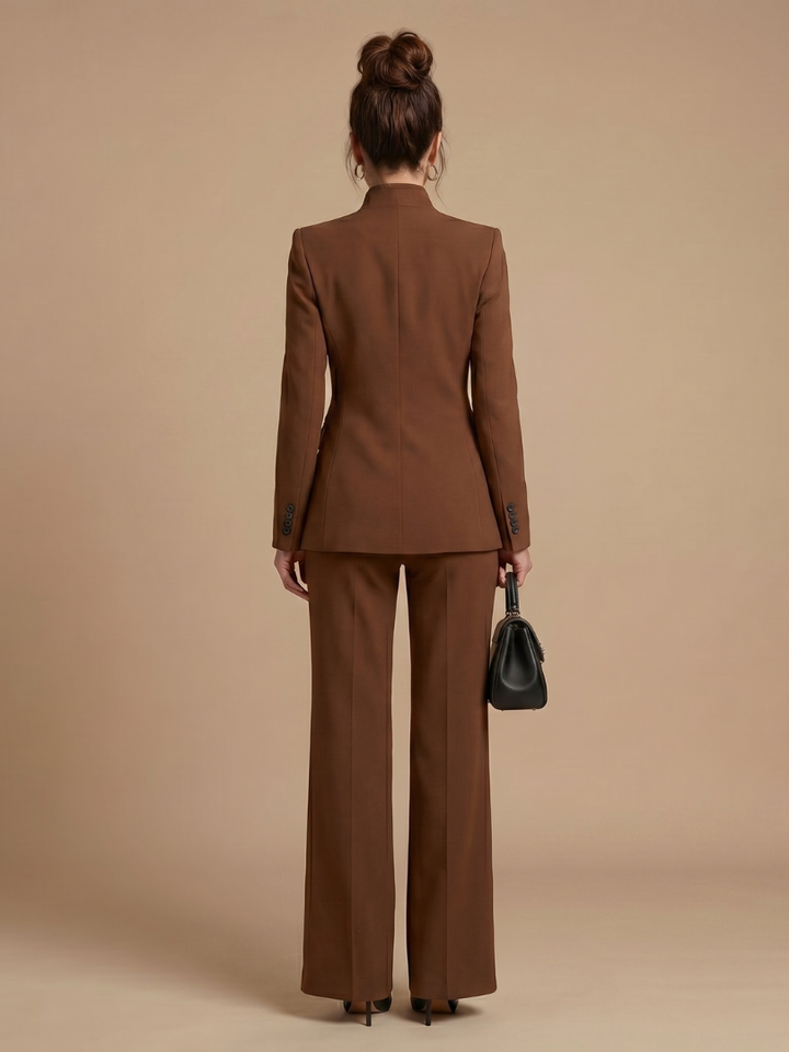 Chic women's tailored suit with a stand collar jacket and stylish flared trousers for office wear.