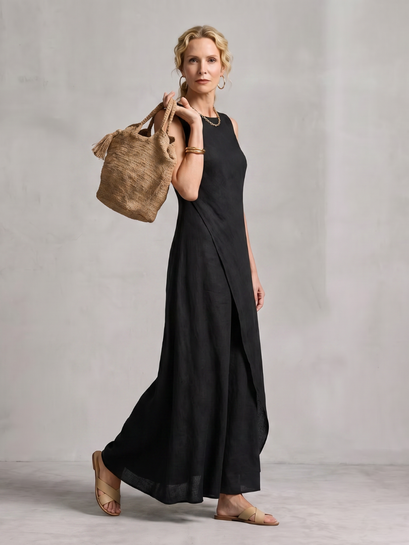 Chic women's sleeveless maxi dress featuring a distinctive asymmetric layered design and flowy fabric.