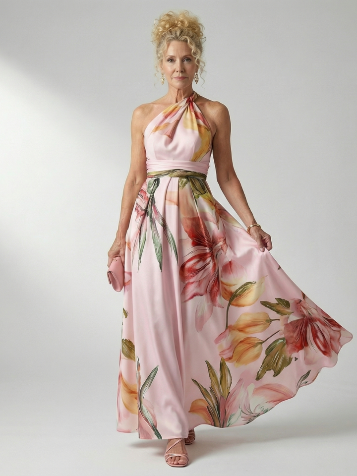 Women's sleeveless floral maxi dress with a beautiful halter neck. Ideal lightweight and elegant beachwear.