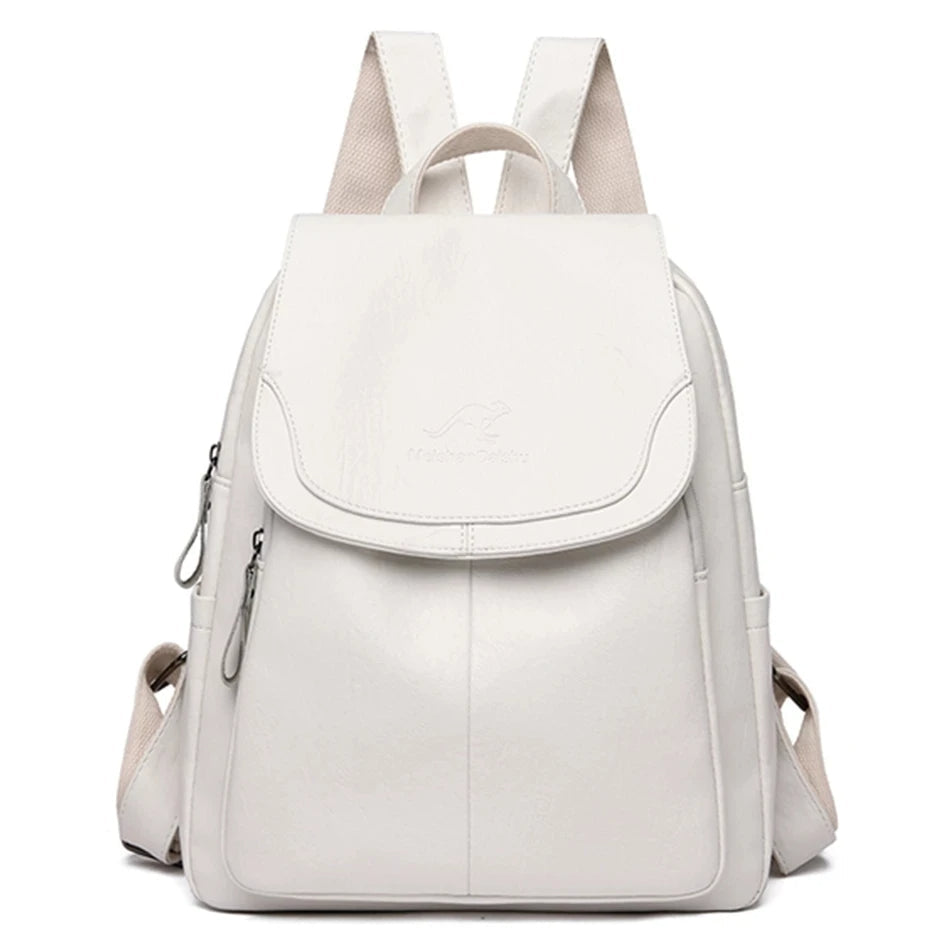 Stylish women's black leather anti-theft backpack, perfect for secure daily carry & travel.