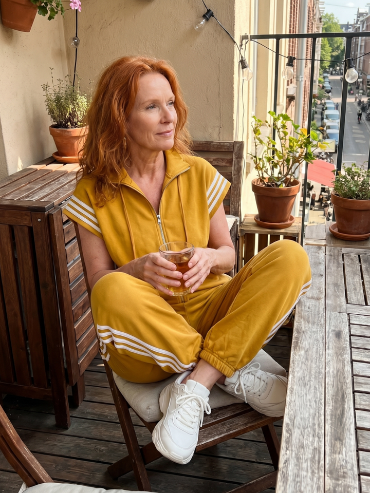 Comfortable casual jumpsuit for women, zip front, full length, and stylish stripe panel design.