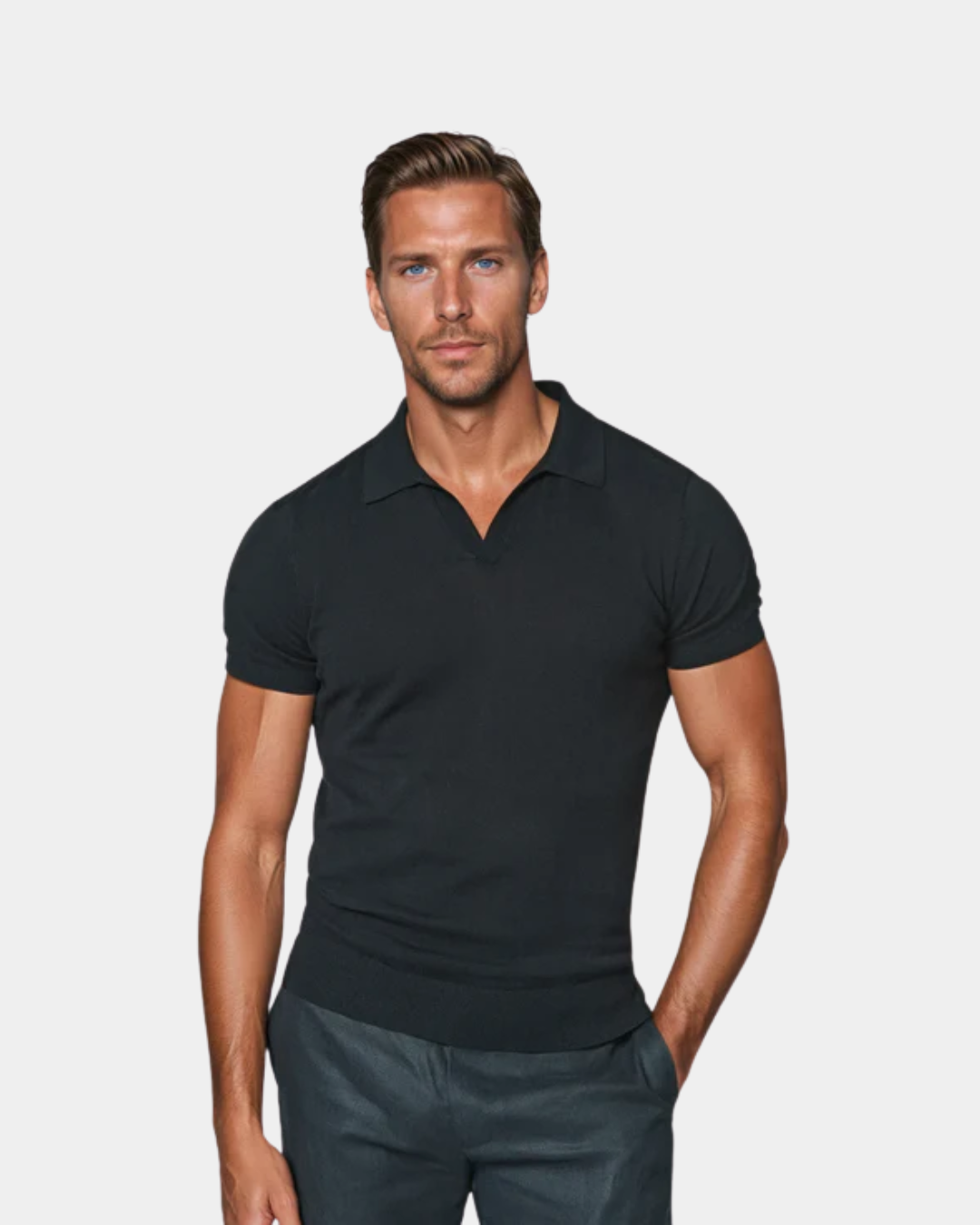 Men's slim fit polo shirt, lightweight short sleeve, perfect for smart casual summer wear.