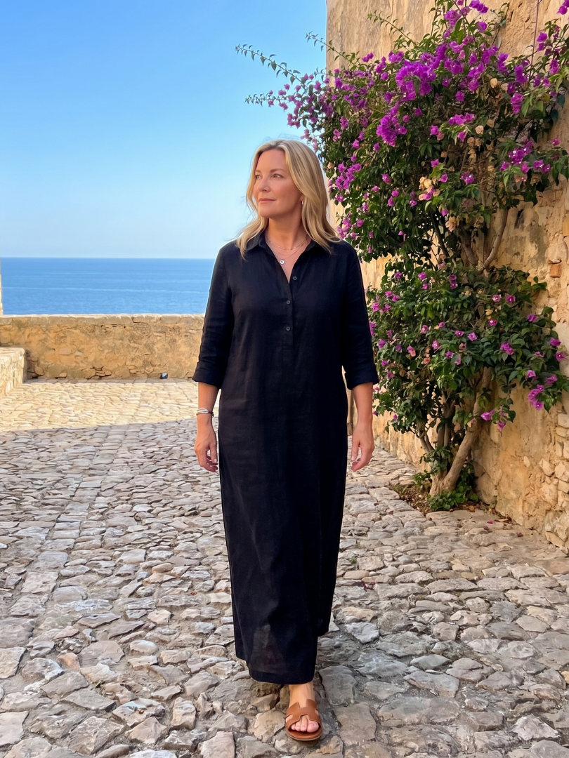 Long sleeve relaxed maxi dress for women with collar & button front, offering comfortable, versatile style.