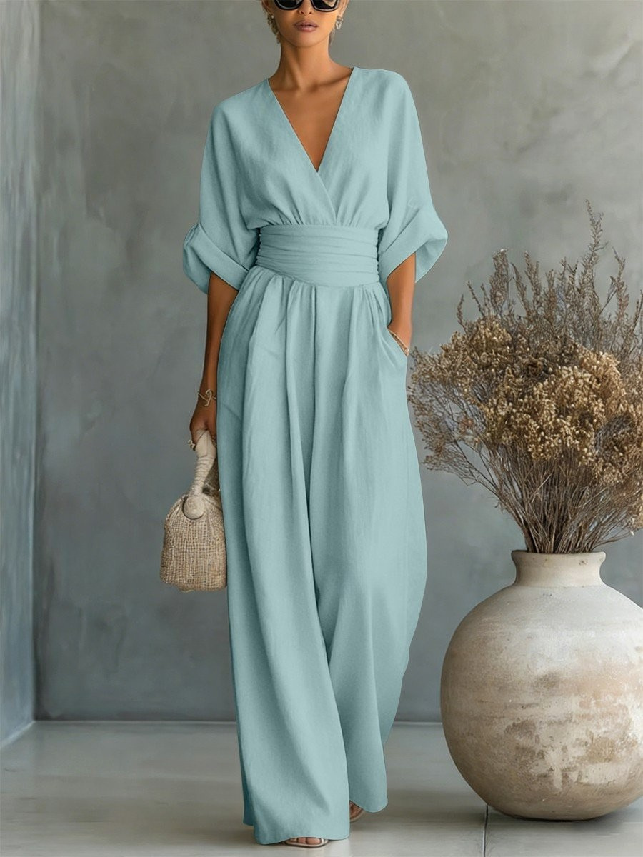 Inclusive sizing V-neck women's jumpsuit, a stylish and versatile option for work & evening.