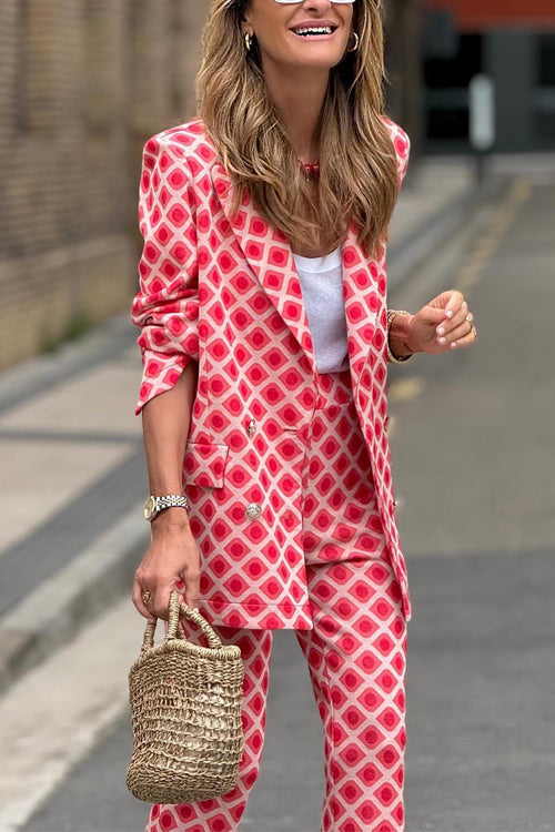 Women's double button blazer with geometric print. Stylish red jacket, perfect for office wear or formal events.