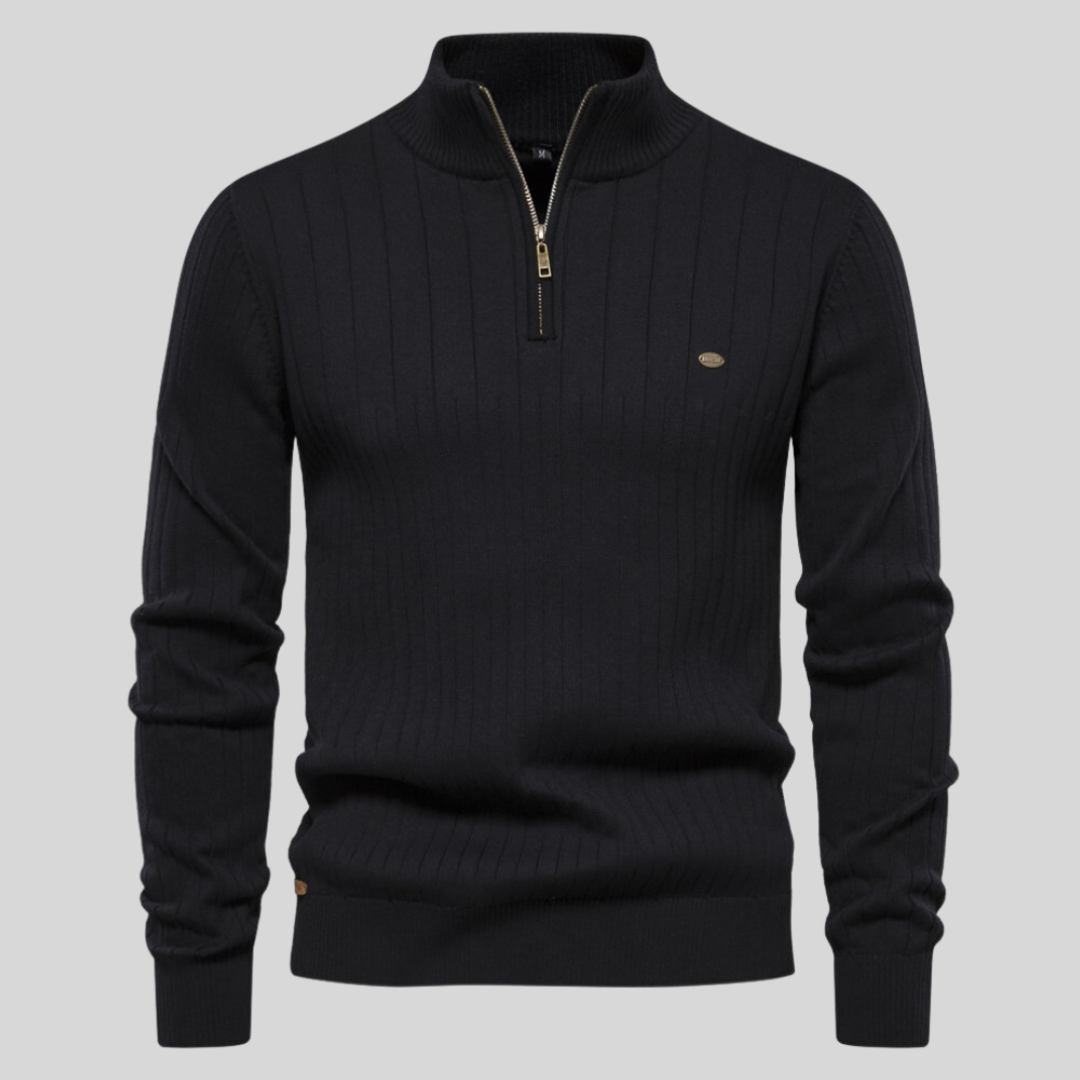 Men's quarter-zip long-sleeve sweater in a fitted style, perfect for casual wear & layering. Effortless fashion.