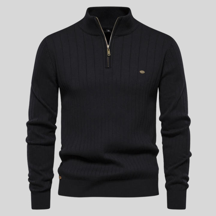 Men's quarter-zip long-sleeve sweater in a fitted style, perfect for casual wear & layering. Effortless fashion.