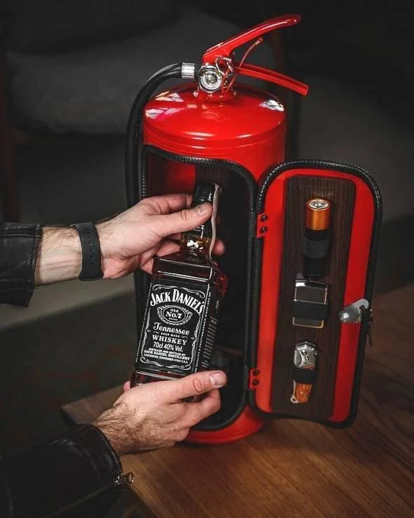 Red FireBar hidden bar, discreetly storing beverages. Unique home bar accessory & mancave decor.
