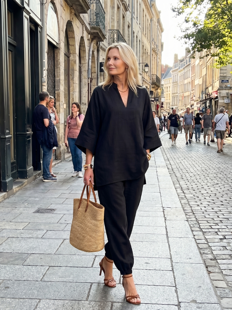Fashionable women's V-neck tunic & gathered trouser set, ideal for relaxed summer days.