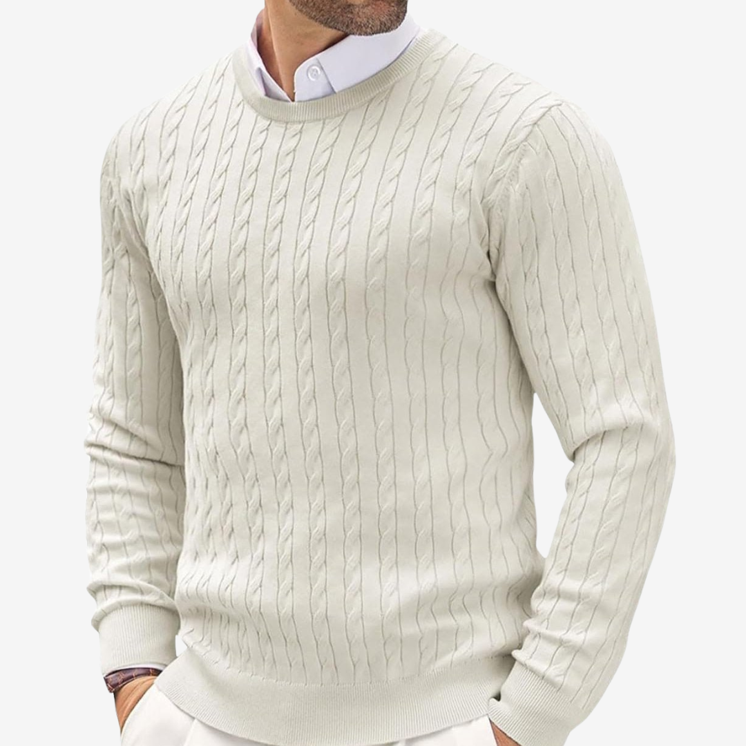 Cozy men's cable knit crew neck sweater. Perfect fitted knitwear for winter warmth & layering.