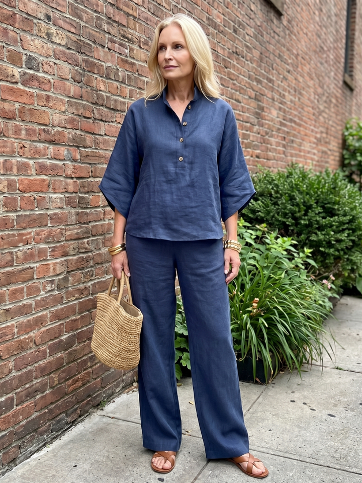 Women's relaxed button front tunic & trouser matching set. Perfect casual wear.