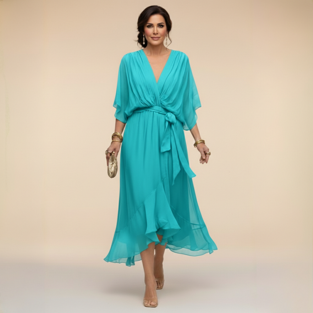 Flowing V-neck women's dress, a comfortable and elegant choice for all occasions, day or night.