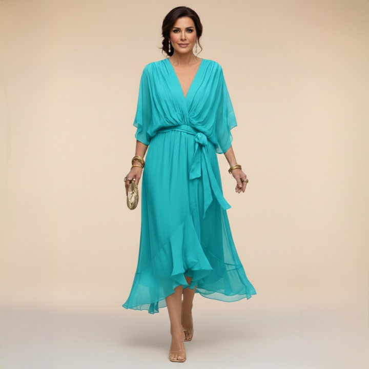 Flowing V-neck women's dress, a comfortable and elegant choice for all occasions, day or night.