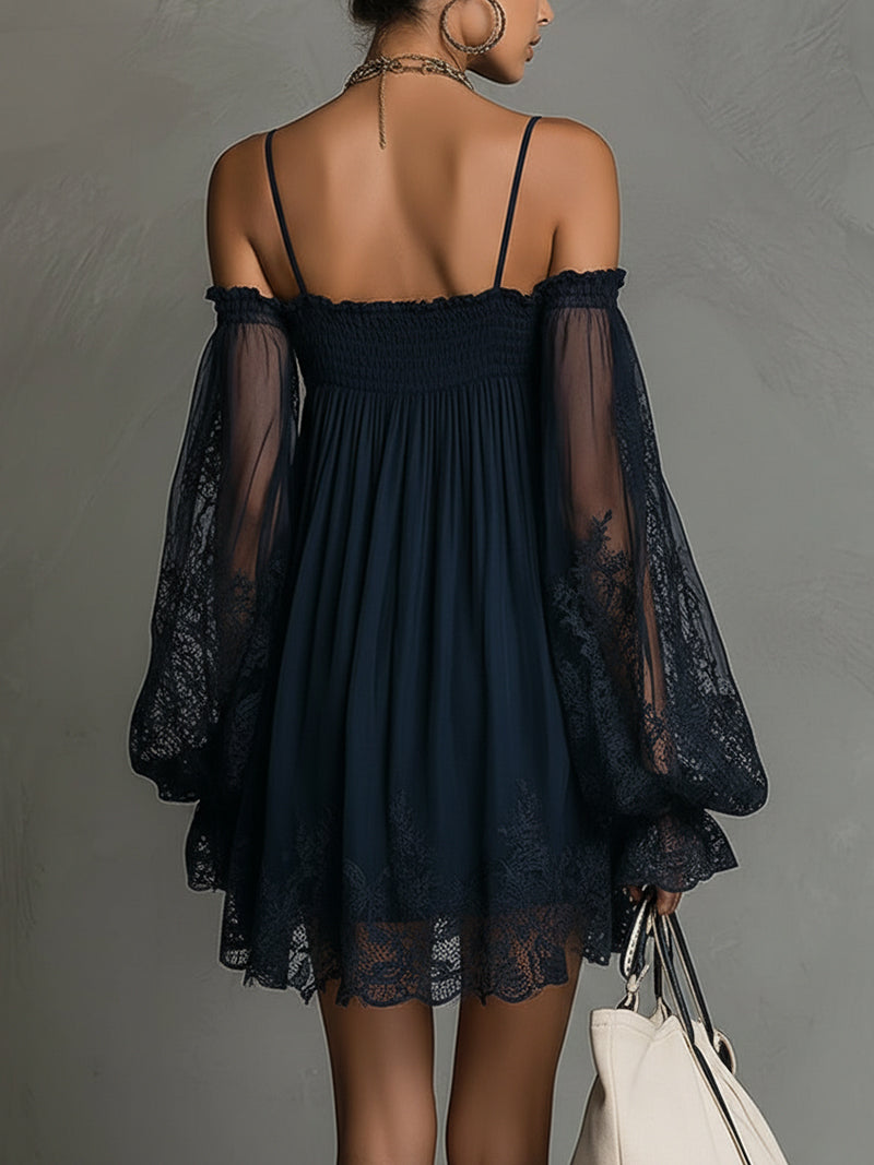 Women's elegant off-shoulder navy blue lace dress. A-line formal gown for evening wear & special occasions.