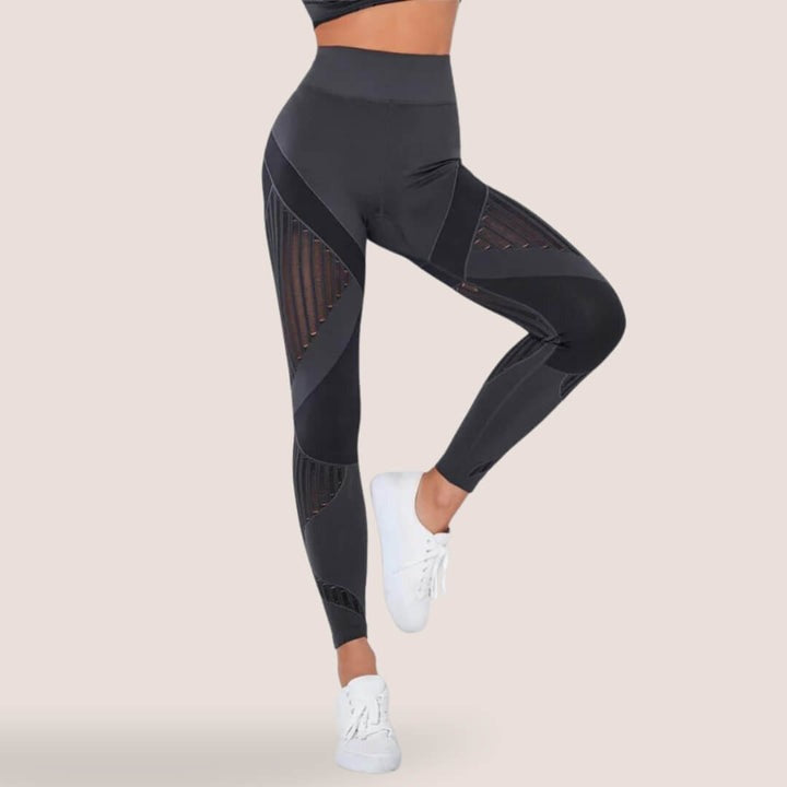 Back view of seamless high-waist slimming leggings, anti-cellulite design for women's comfort.