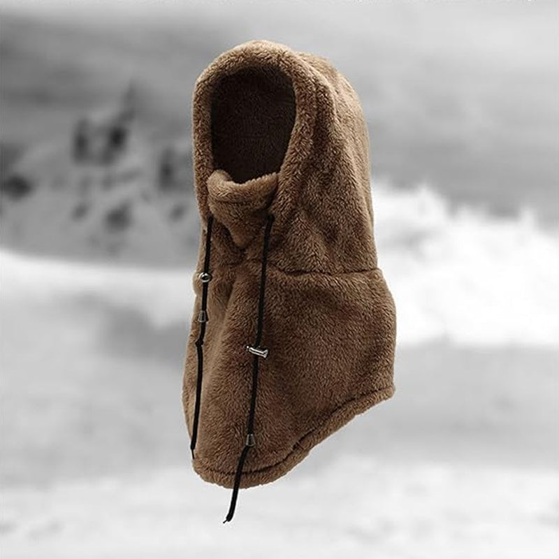Unisex winter hat in balaclava mode, providing windproof face protection for skiing & extreme cold.