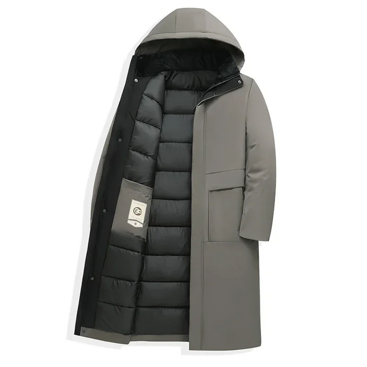 Stylish red men's hooded long coat. A warm winter coat for cold weather and modern men's fashion.