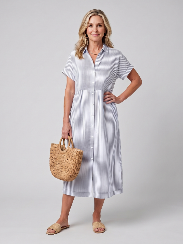 Striped short sleeve midi dress for women, featuring a functional button-front and a flattering fit.