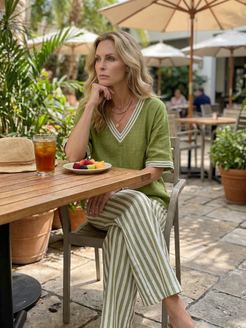 Chic women's tunic and striped trouser set, featuring a V-neck and a relaxed silhouette.