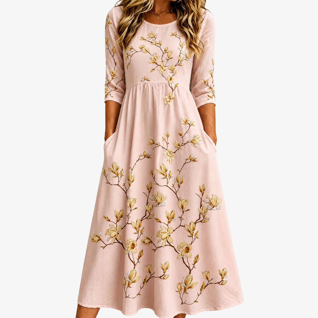 Women's Golden Magnolia Bloom midi dress with pockets. Elegant floral design, perfect for summer casual or garden party.