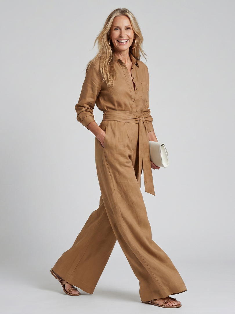 Comfortable women's long sleeve wide leg jumpsuit, easy to wear, elegant casual style.