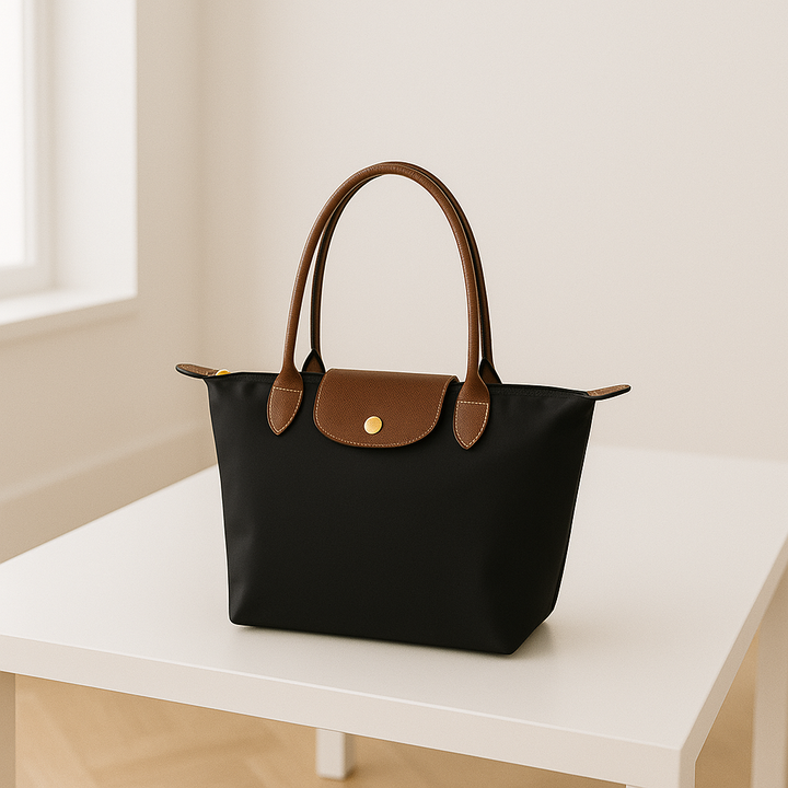 Women's classic structured two-tone tote bag, an elegant shoulder work handbag with sturdy handles.