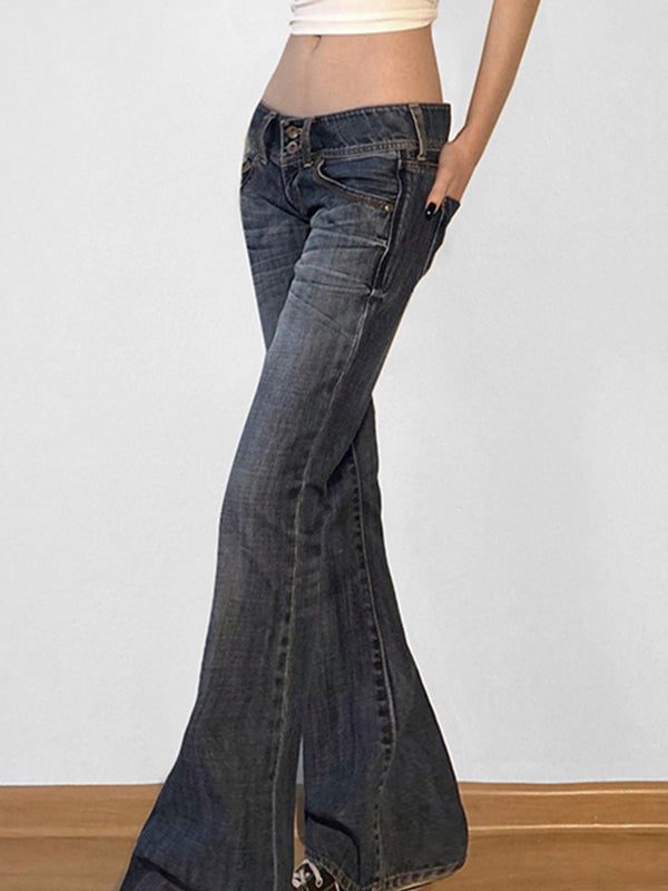 Comfortable Y2K low rise slim flare jeans for women, featuring a trendy retro style in classic blue denim.