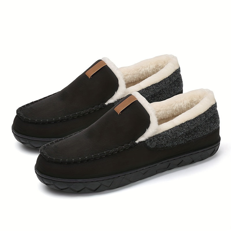Casual men's warm slippers with sheepskin lining, offering cozy comfort & non-slip support for home.