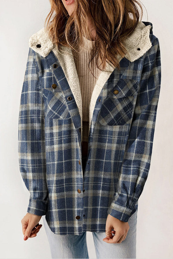 Classy women's plaid hooded button-up jacket, soft & warm for fall and winter fashion.