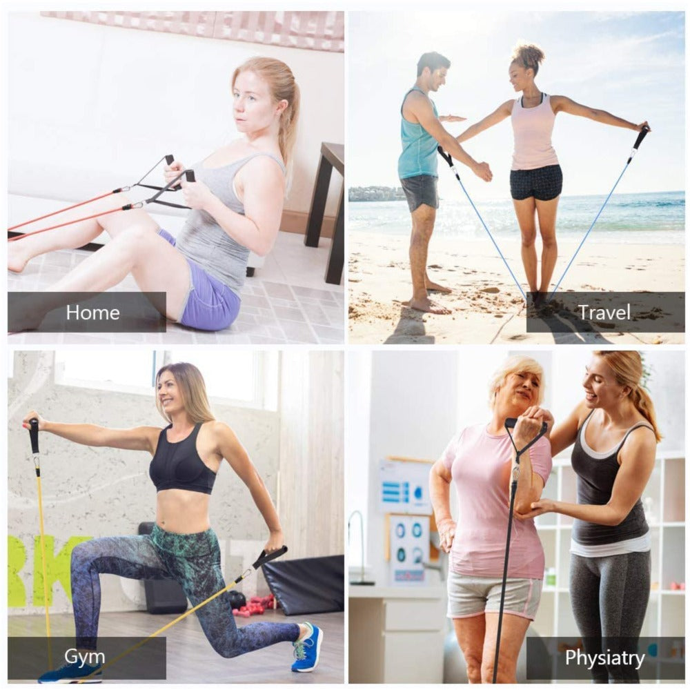 "11-piece unisex resistance bands set in vibrant colors, includes handles and straps, perfect for all fitness levels."