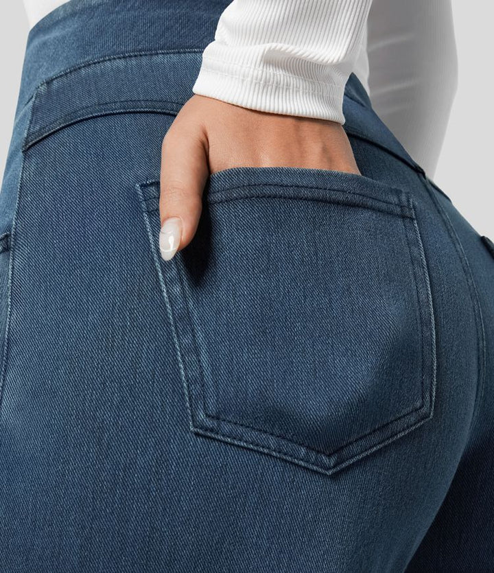 Versatile light blue women's high-waisted wide-leg trousers, elastic waist, perfect for spring.