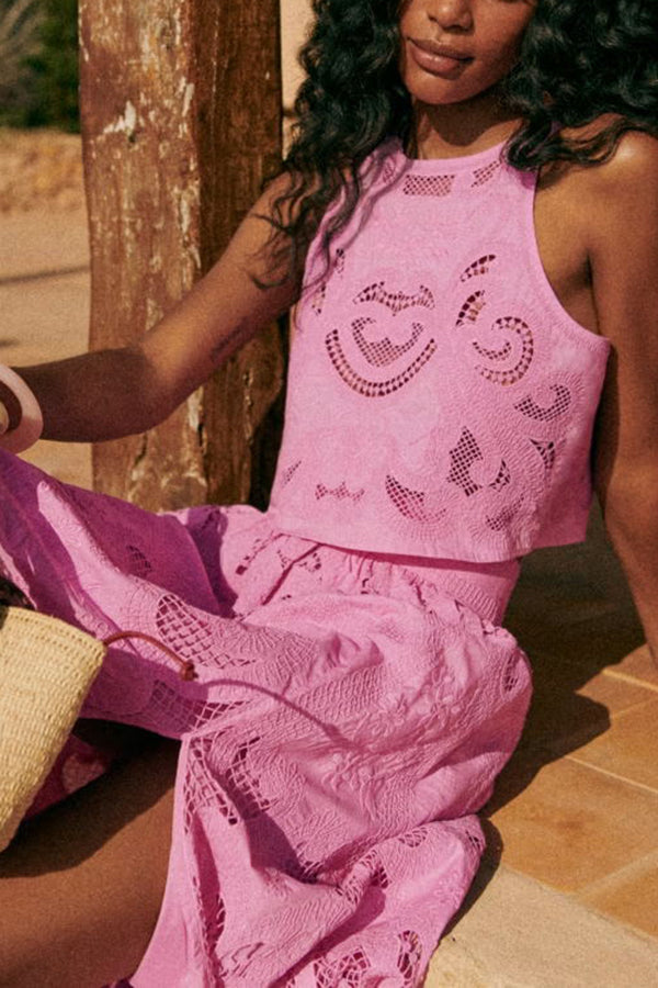 Chic women's two-piece set with elegant embroidery, ideal for summer fashion, vacation, and holiday vibes.