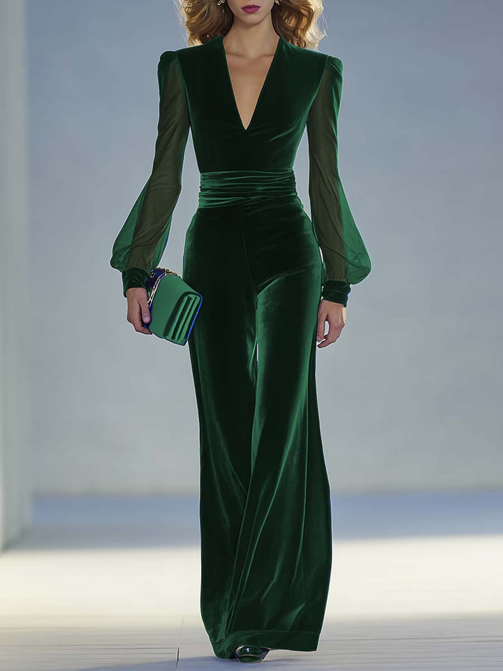 Elegant women's mesh sleeve V-neck jumpsuit. Perfect chic party outfit for special occasions & evening wear.