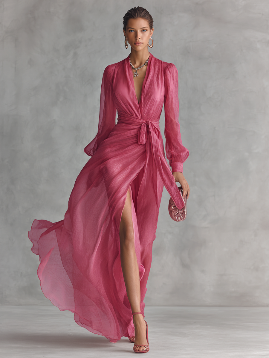 Romantic women's A-line maxi dress with elegant flowing fabric & V-neck. Ideal for evening & formal wear.