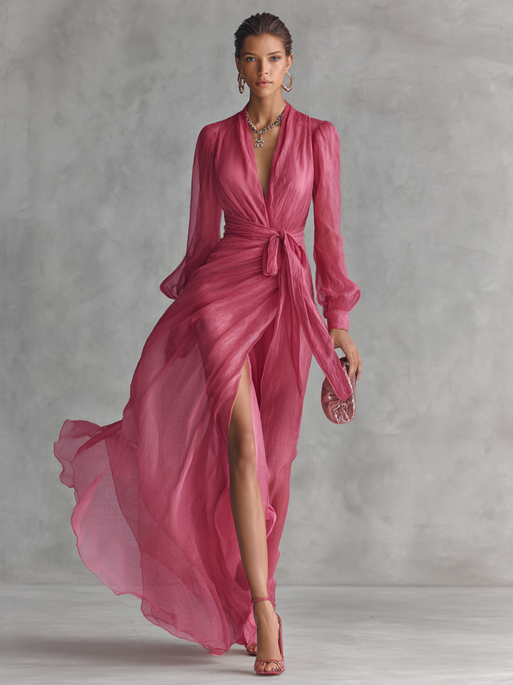 Romantic women's A-line maxi dress with elegant flowing fabric & V-neck. Ideal for evening & formal wear.