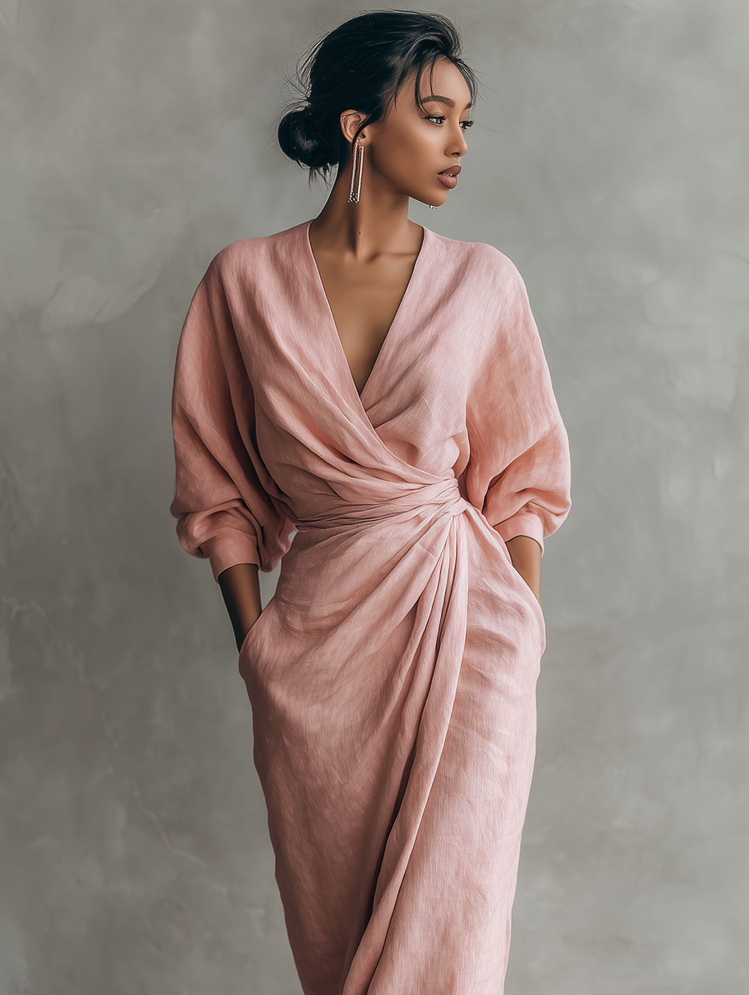 Effortless flowy v-neck wrap maxi dress for women, a comfortable and chic option for any casual summer day.