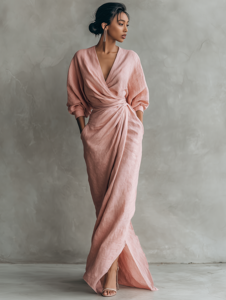 Black women's v-neck wrap maxi dress, an effortless and flowy casual elegant dress for summer.